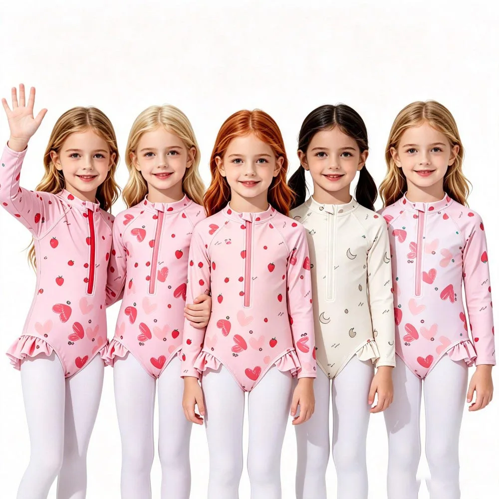 Toddler Girls Front Zipper Rash Guard One Piece Swimsuit Fruit Heart Moon Print Long Sleeve Ruffle Kids Beach Pool Bathing Suit