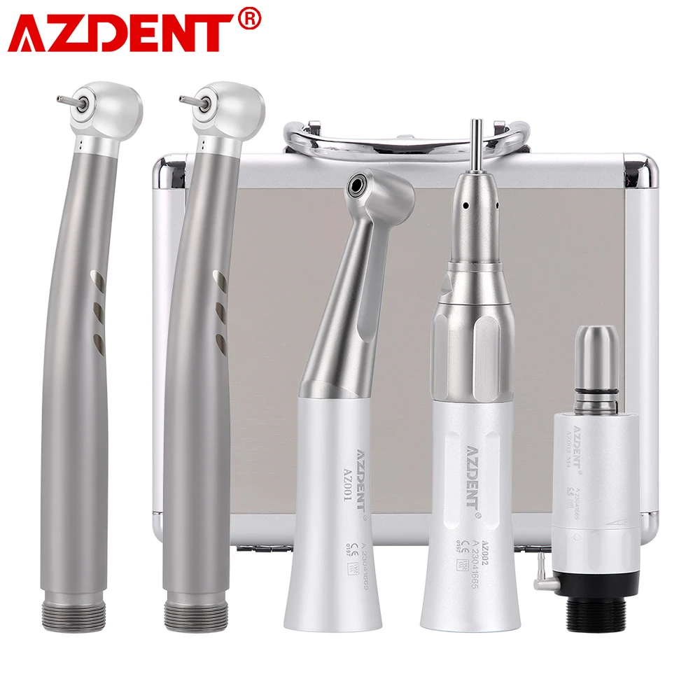 AZDENT Dental High and Low Speed Handpiece Kit Push Putton 1:1 Contra Angle Air Motor Set Standard High Speed Handpiece with LED