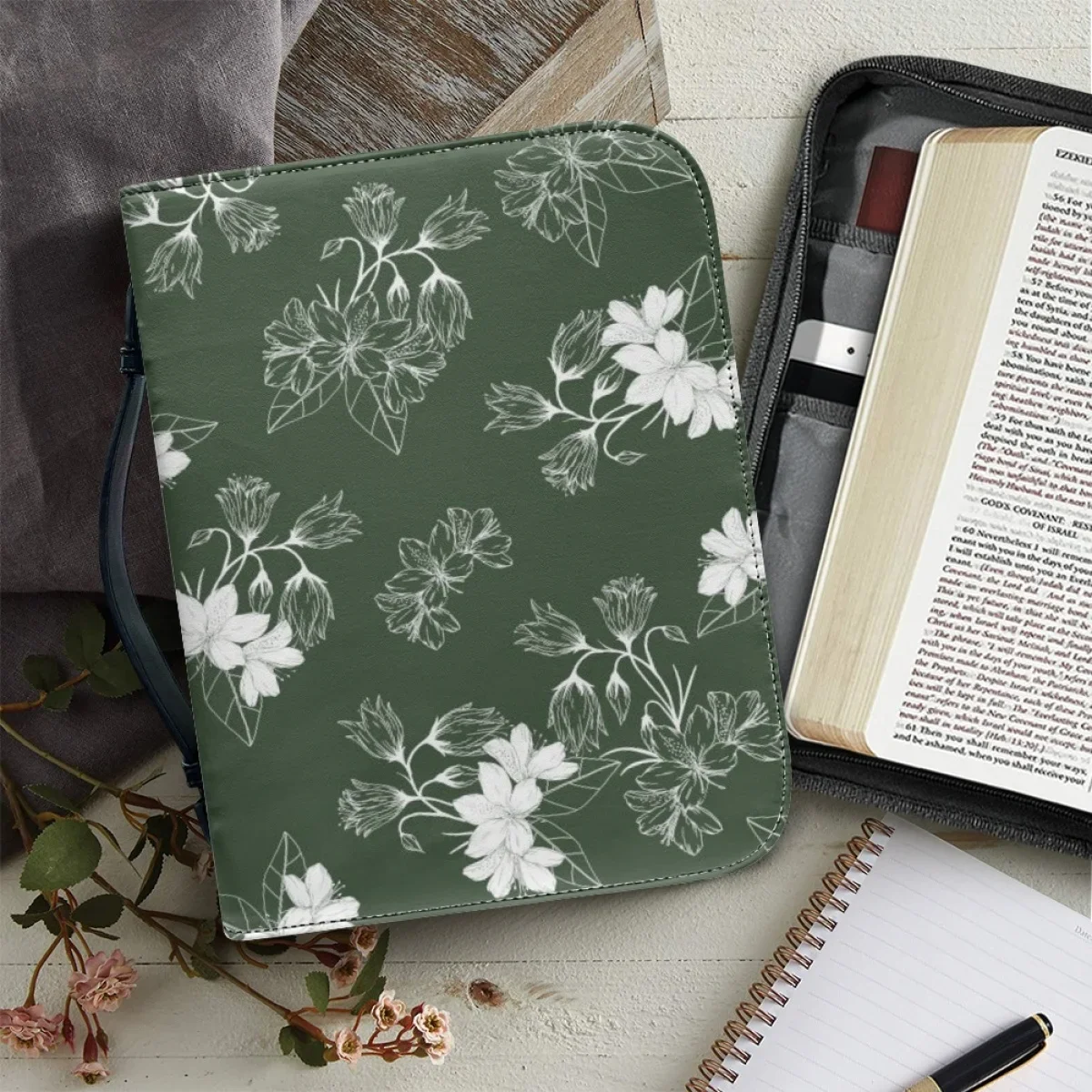 

Hot Flower Print Leather Bible Cover Case for Women Zipper Handle Handbags Portable Practical Bible Storage Bags Paquete Bíblico