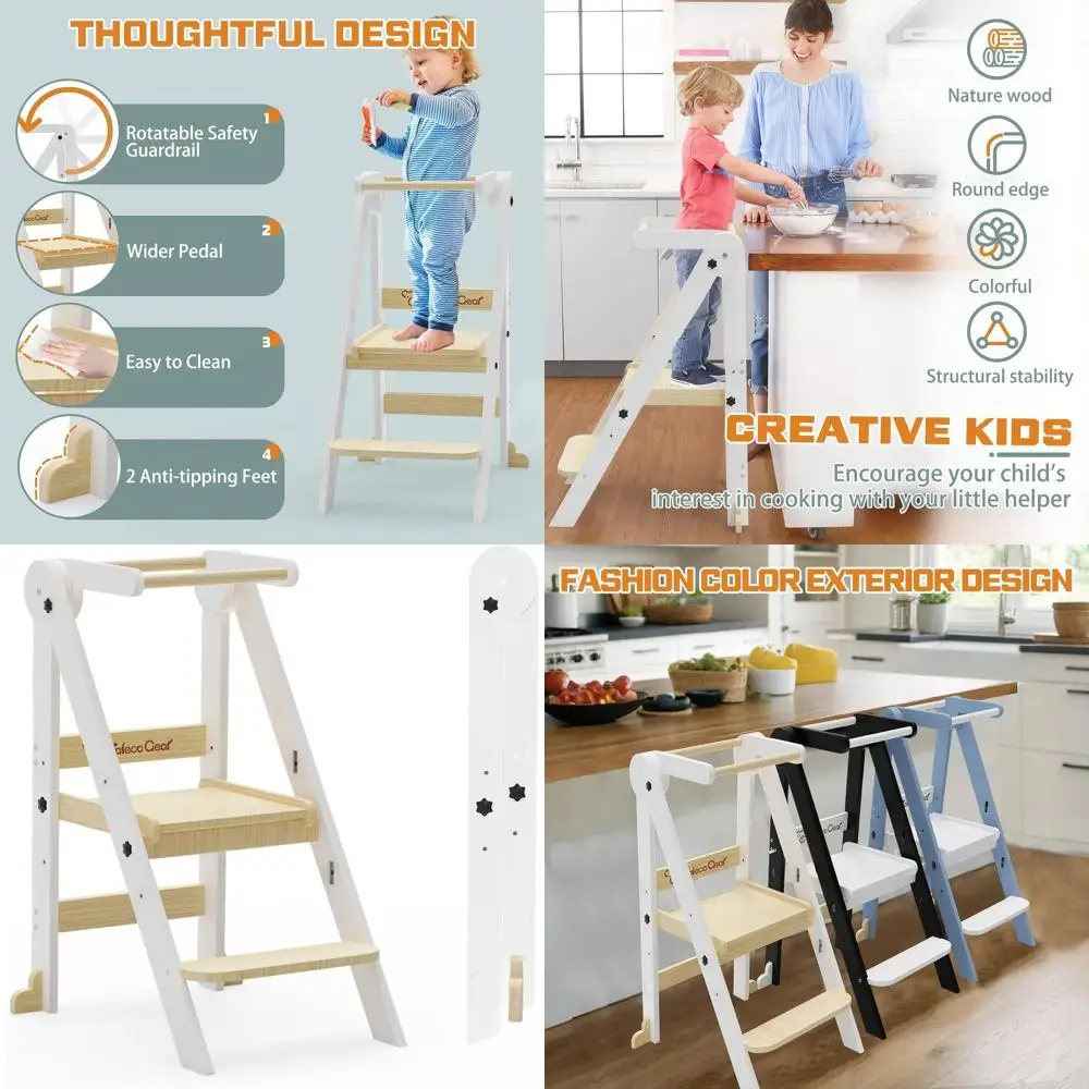 Foldable Wooden Toddler Kitchen Helper Stool, 3-Height Adjustable, Collapsible Safety Seat for Kids - Nature-Tone