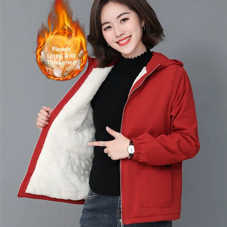 

Women's Fce Lined ort Thi Warm Jaet Outerwear Casual Sle Spring Autumn Loose Fit Windbreaker Coat Korean Faion