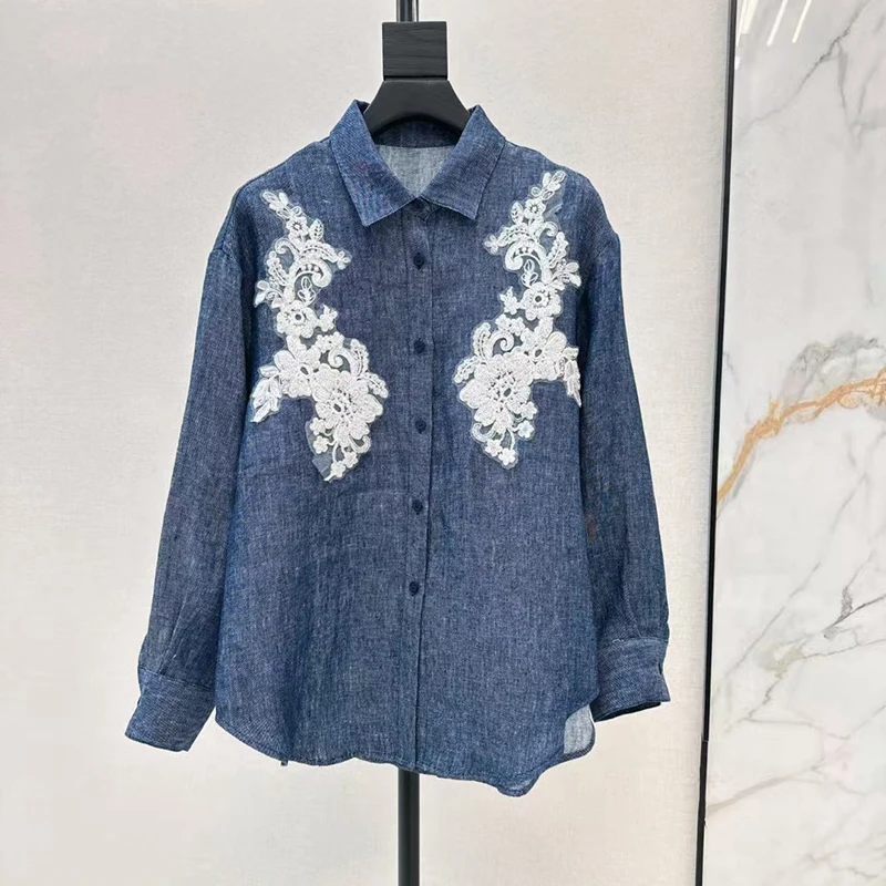 Chemise en lin et dentelle brodée pour femmes, hauts de veste ample décontractés à la mode, chemisier 100% lin de haute qualité, 2025, printemps, nouveau