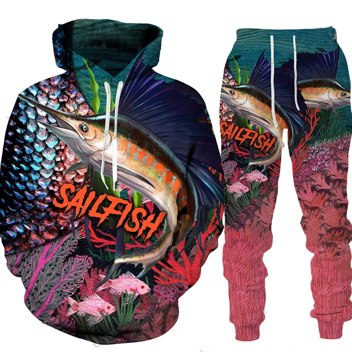 Sudadera con capucha y pantalones para hombre, conjunto de chándal de manga larga con estampado de camuflaje 3D para pesca de carpa y caza, ropa