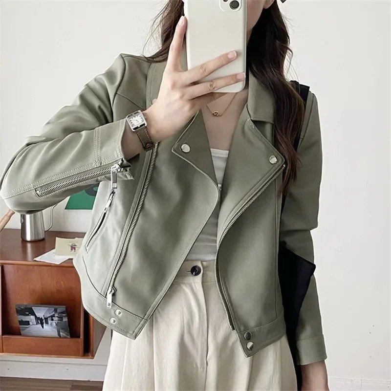 Outono feminino coreano fino curto falso jaqueta de couro do plutônio streetwear rosa verde preto bege lapela manga longa jaqueta motociclista feminino