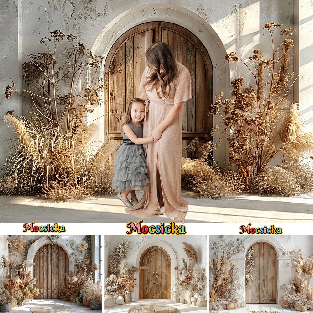 

Mocsicka Studio Interior Background Arched Retro Brown Wooden Door Backdrop Kid Baby Show Wedding Boho Wallpaper Decor Photozone