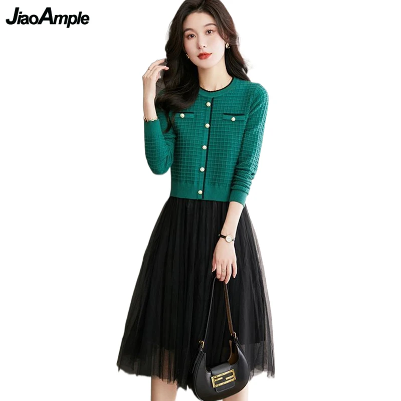 

Women Spring Autumn Sweater Dress Korean Lady Graceful Knit Mesh Patchwork Fake Two Piece Dresses 2023 New Daily Clothing Female
