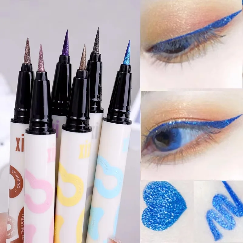 6 Farben dünner, perlmuttartiger Eyeliner-Flüssigkeitsstift, 3-in-1, glänzender Seidenraupen-Lidschattenstift, langlebig, glatt, glitzernd, Eyeliner-Make-up