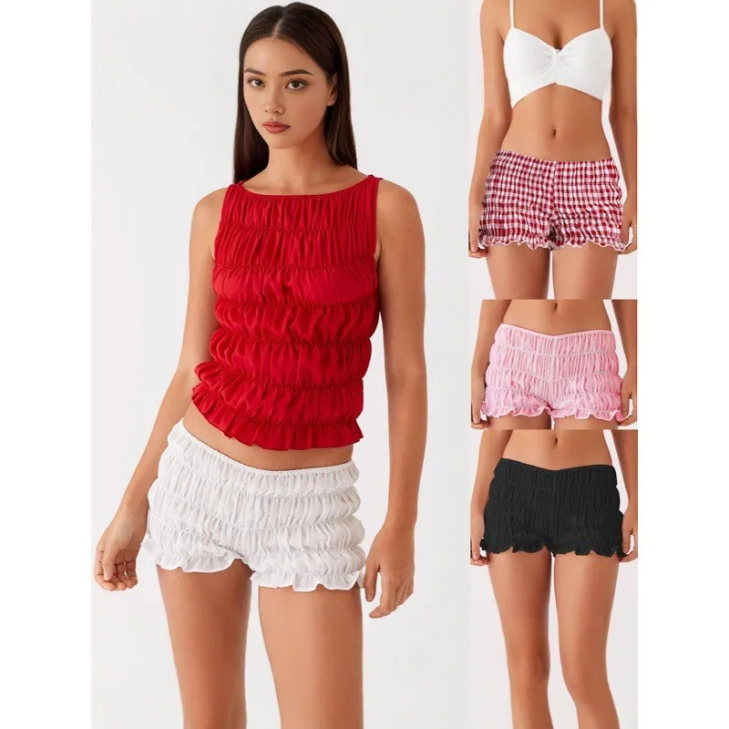 Y2K Women's Summer Shorts Cotton Ruched Mid-rise Short Pants Smocked Ruffle Hem High Waist Mini Length Casual Shorts