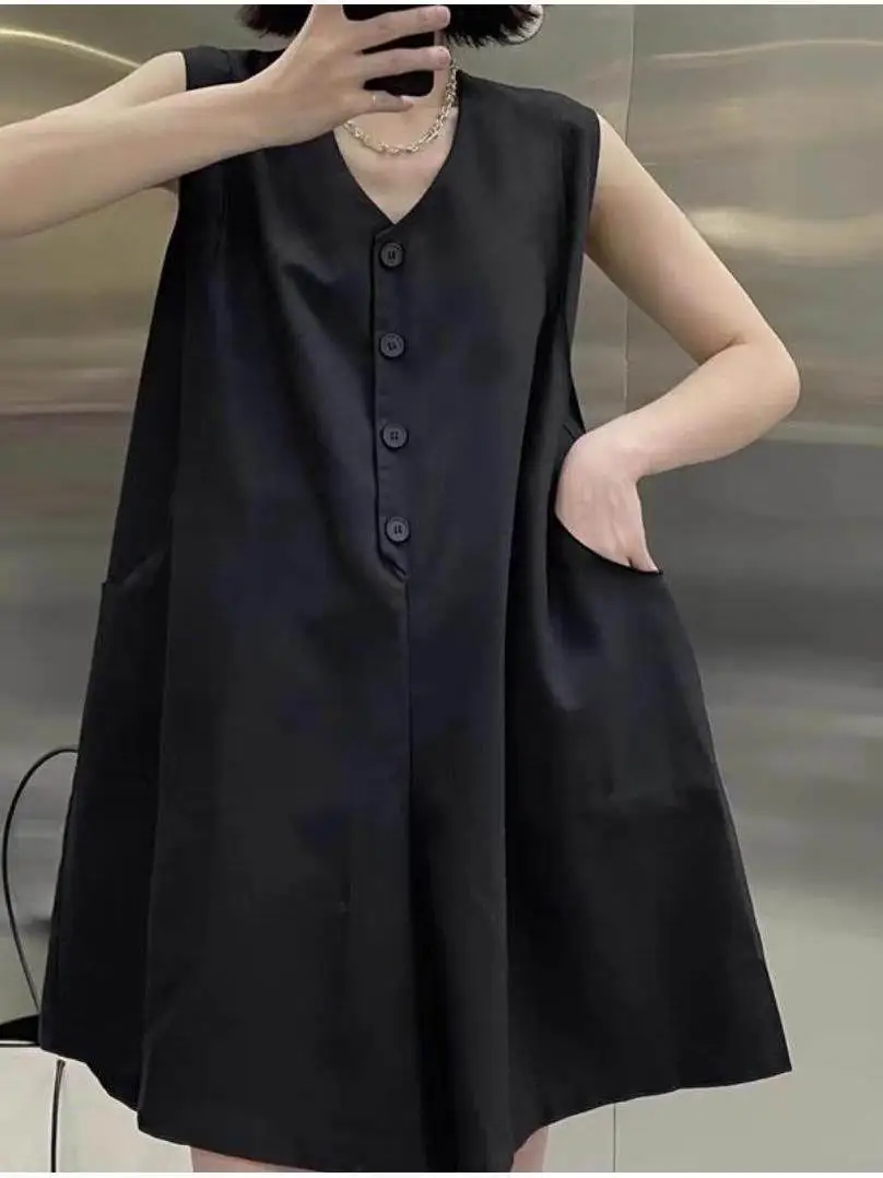 Summer New V-Neck Sleeveless Wide Leg Pants One-Piece Suit Women's Loose Fashionable Short Pants High Waist Polyester Fabric