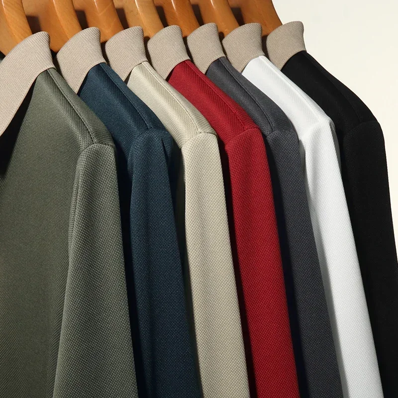 Men's Autumn Slim Elastic Polo Shirt Business Casual Long-sleeved Top Fashion Classic Solid Color Male Brand Tees