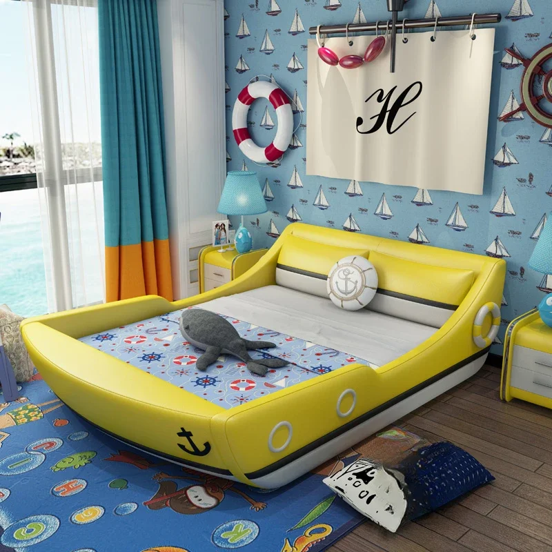 King Size Kids Double Boat Bed Modern Unique Nordic Frame Queen Double Bed Boys Space Saving Bedroom Furniture