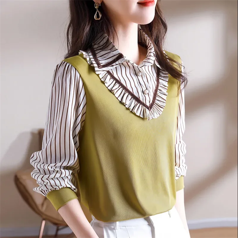 

Fake Two Shirts Women Blouses Folded Ruffled Edges Pullover Laple Long Sleeve Blous Spliced Casual Top Thin Woman Clothes Shirt