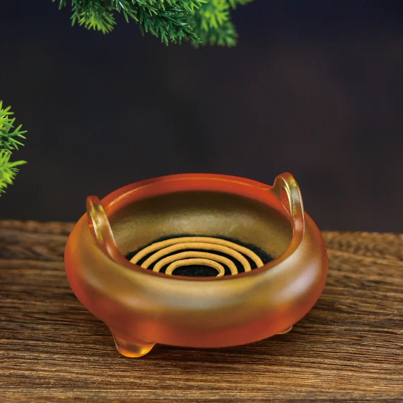 Traditional Glazed Three-Legged Double-Eared Sandalwood Incense Coil Burner Chinese Style Home Retro Buddhist Hal