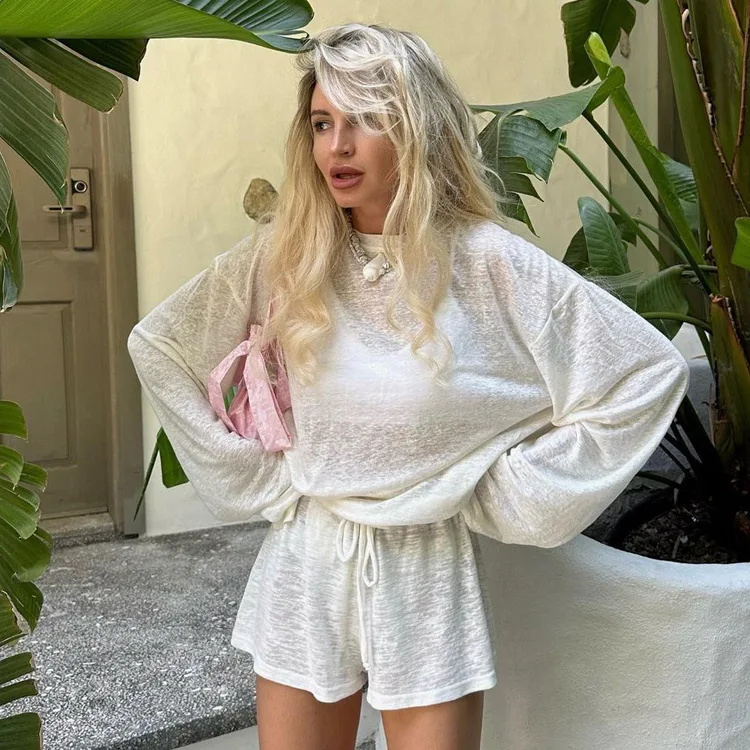

2026 Spring Casual Loose Suits Women's Solid Sexy See Through Round collar Long Sleeve Top Lace Up Shorts Two Piece Set Ladies