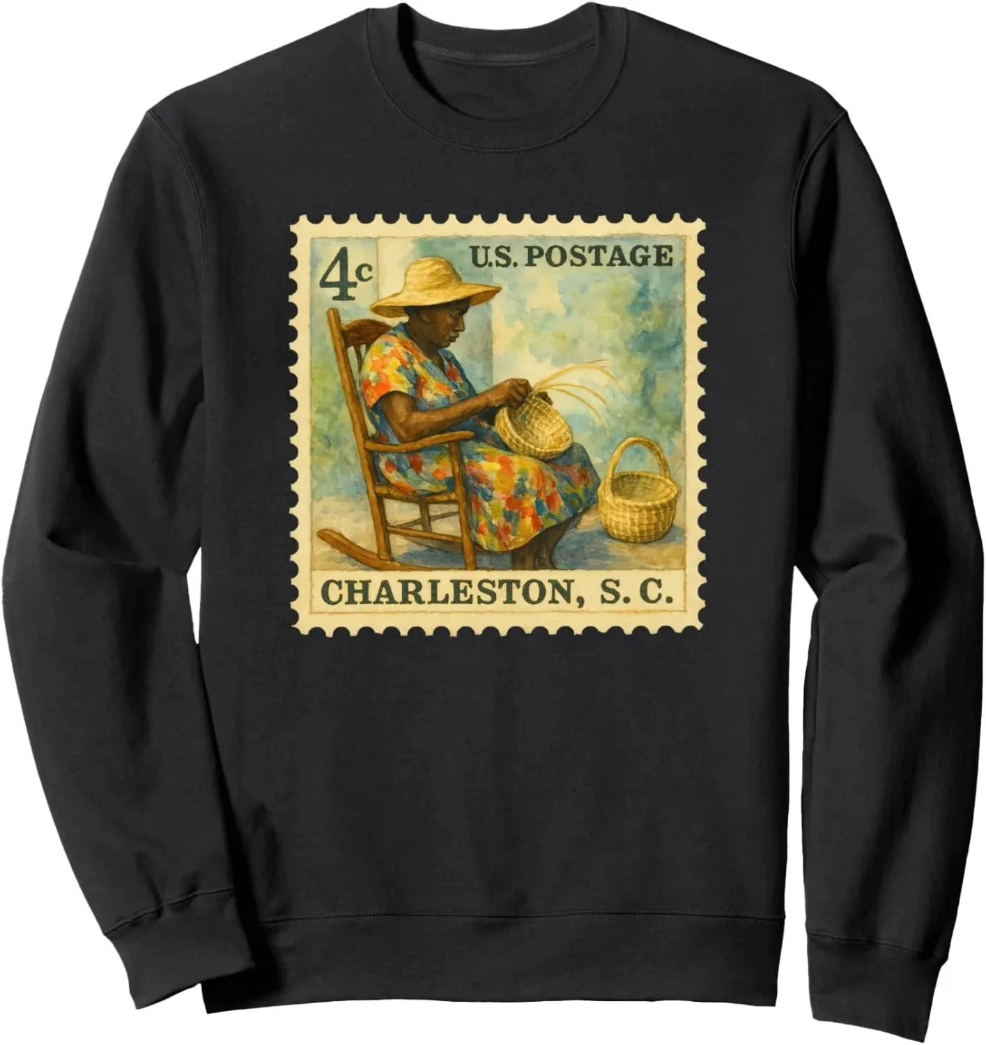 

Autumn and Winter Style Vintage U.S. Postage Stamp Charleston Basket Weaving Scene Cotton Crew Neck Sweatshirt