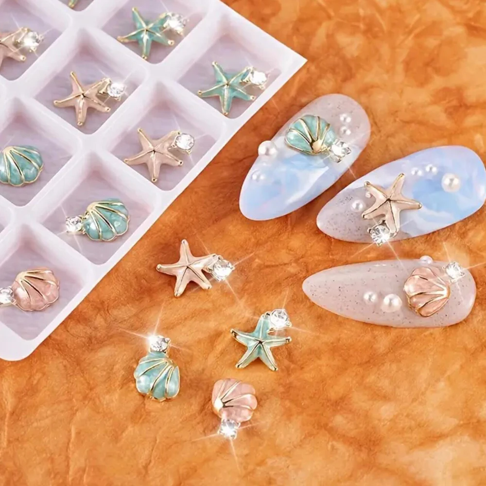 20 TEILE/SCHACHTEL 5D Sommer Meer Shell Seestern Nagel Charms 10x10mm Ozean Thema Nagel Teile Mit Strass Bling maniküre Schmuck Charme