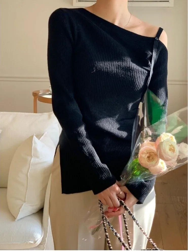Chic Autumn Winter New Style Shoulder Bared Irregular Long Sleeve Knitted Sweater Women's Unique Design Pure Desire Trendy Top