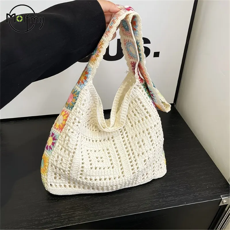 Senhoras sacos de mão feminina bolsa de ombro de malha oco para fora crochê sacola moda bolsa verão praia bаg bolsas de mujer