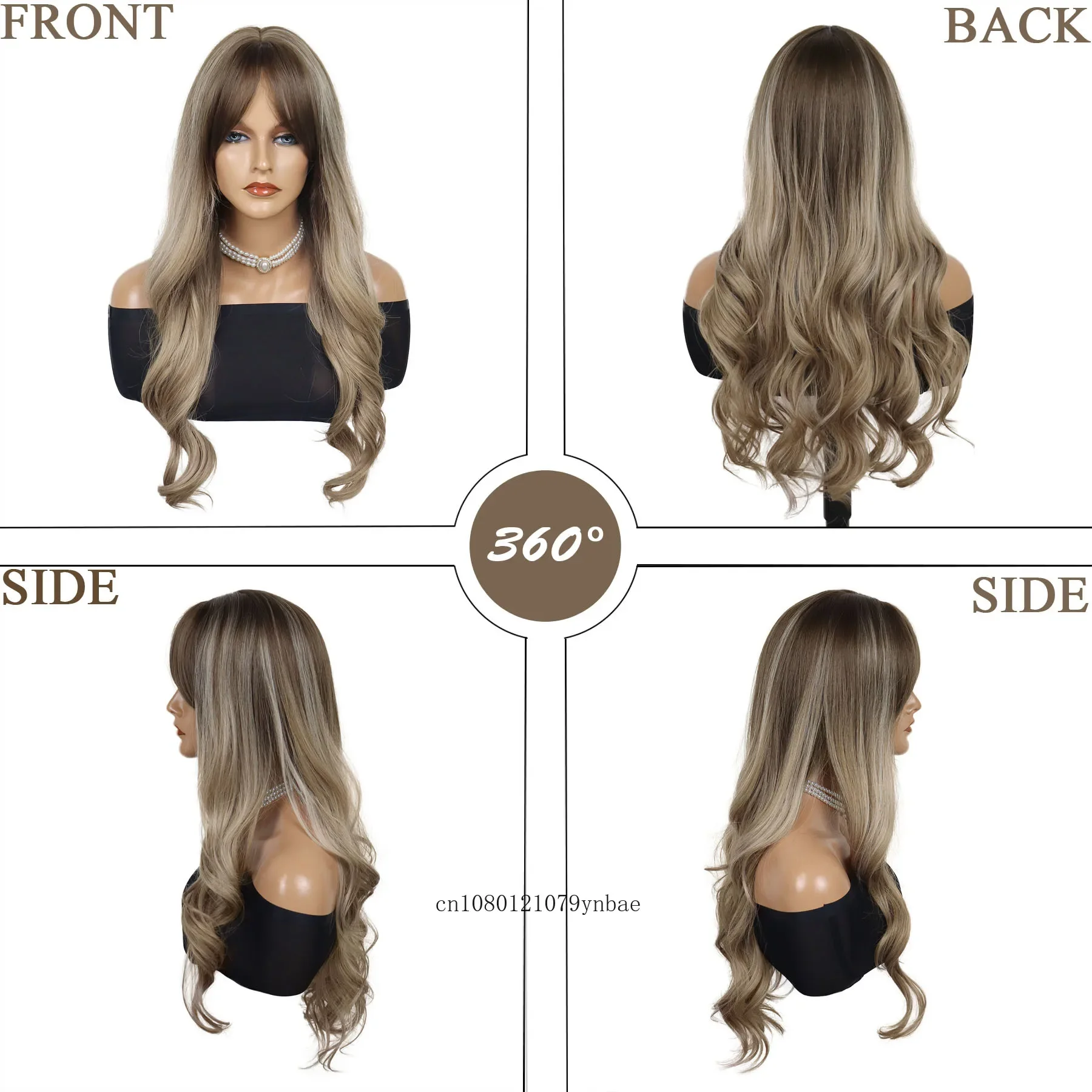 Perucas longas onduladas sintéticas com bangs, raiz escura, ombre, marrom, diário, cosplay, uso do partido, resistente ao calor, mulheres, meninas, 28"