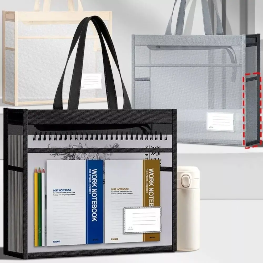 Portable A4 Transparent File Bag Mesh Double-Layer File Storage Bag with Handle Large Capacity Document Bag School Office