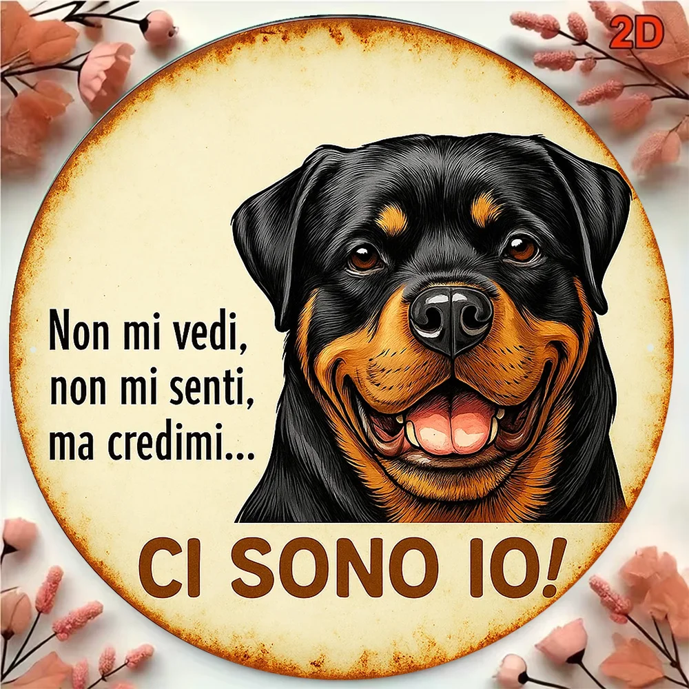 2D Flat Round Aluminum Sign, Vintage Decorative Plaque Featuring a Rottweiler, 