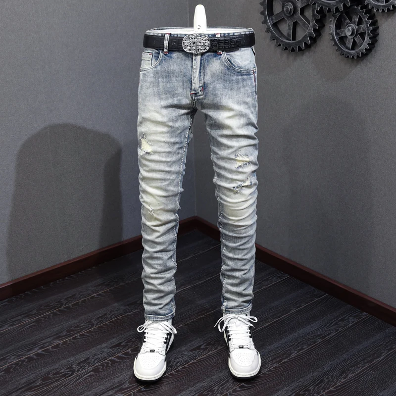 Italian fashion new men's jeans washed nostalgic stretch slim fit light blue jeans designer pants Y2K