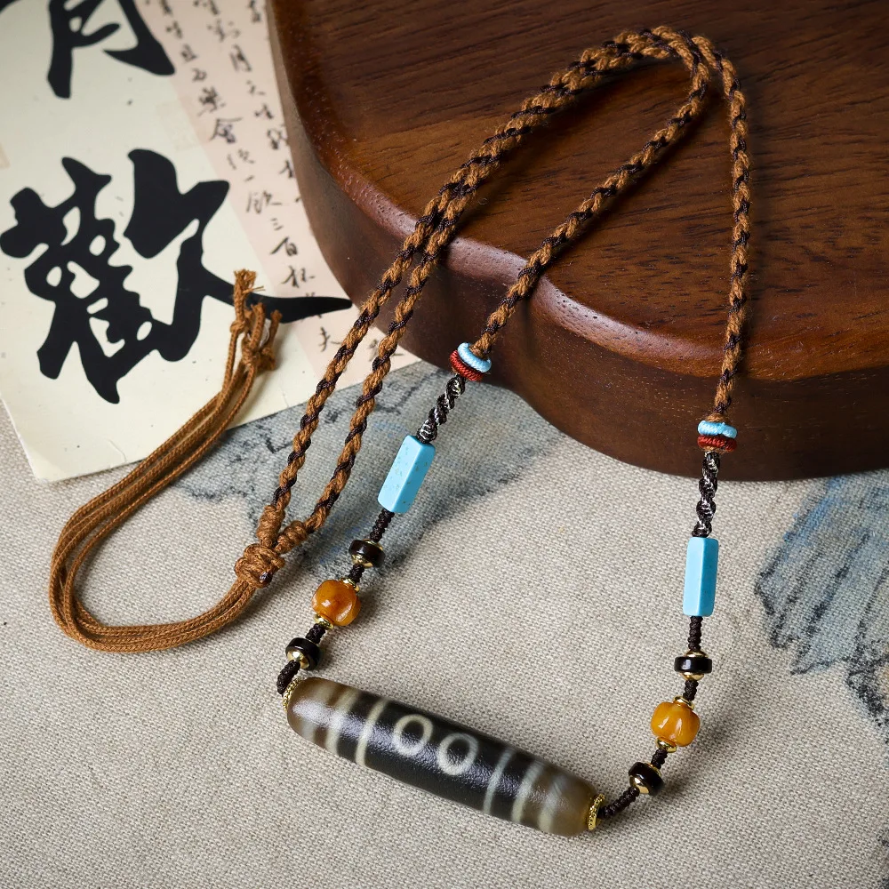 

Original Tibetan Jewellery Wrapped Five Eyes Dzi Bead Hand-Woven Necklace Cultural Games Bone Magnesite Turquoise Sweater Chain