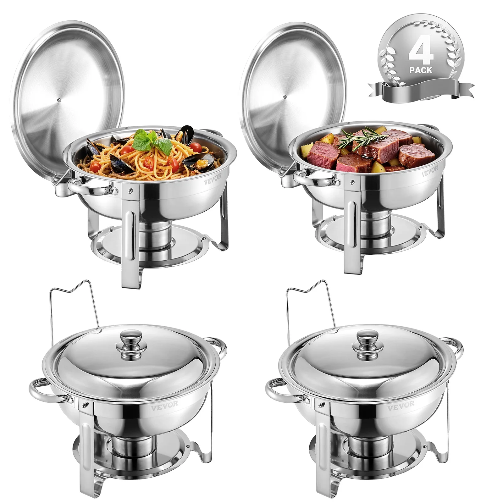 SucceBuy 5 Qt 4er-Pack runde Chafing Dish Buffetset Edelstahl Chafer Catering Wärmer Server mit Deckel Wasserpfanne für Party