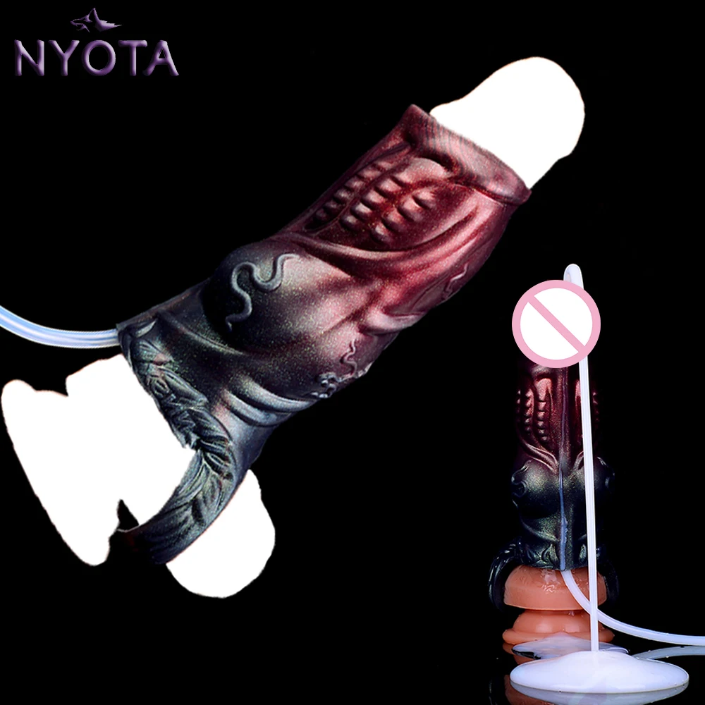 

NYOTA Squirting Cock Enlargement Hollow Dog Dildo Male Delay Ejaculation Rings Soft Penis Sleeve Cover Sex Toys For Men Couples