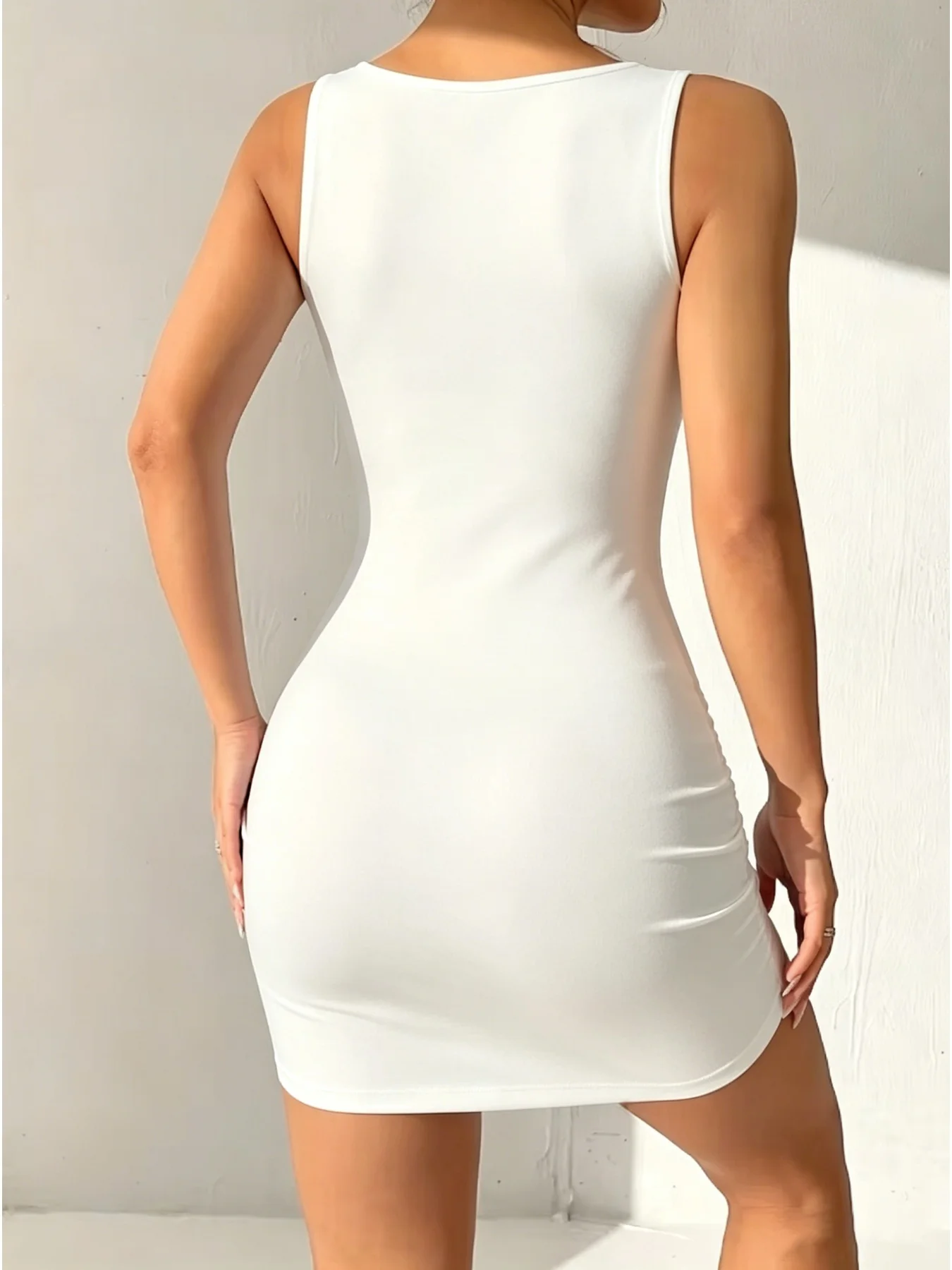 Women's Casual Comfortable Square Neck Thick Shoulder Strap Solid Color Mini Skirt Long Dress Waist Cinching Fashionable Gown