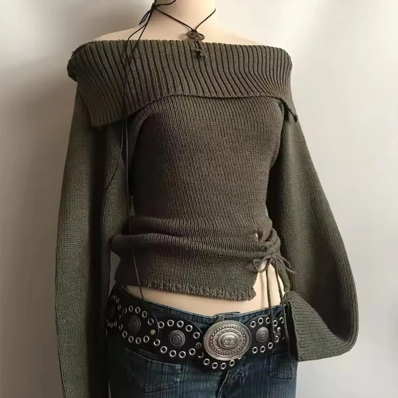 

Женский зимний вязаный свитер в европейском и американском стиле с одним воротником, топ с длинными рукавами, свободный повседневный топ Y2K в стиле хип-хоп, готический панк