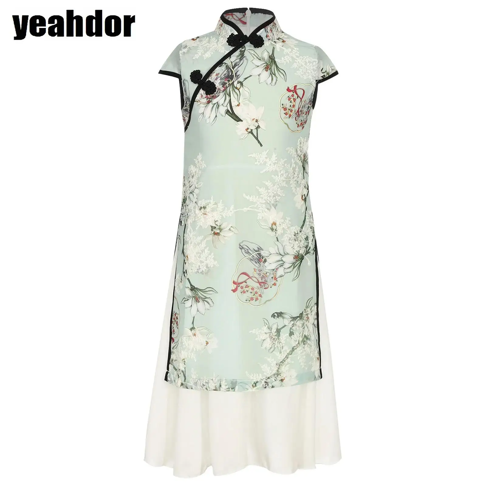 

Girls Cheongsam Floral Print Embroidery Chinese Qipao Dress Sleeves Knot Button Sides Split Dress Chinese Traditional Costumes