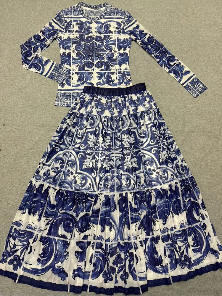 Retro blauw-wit porselein bedrukte elastische mesh top met lange mouwen dames nieuwe elastische taille grote rok mode tweedelig pak