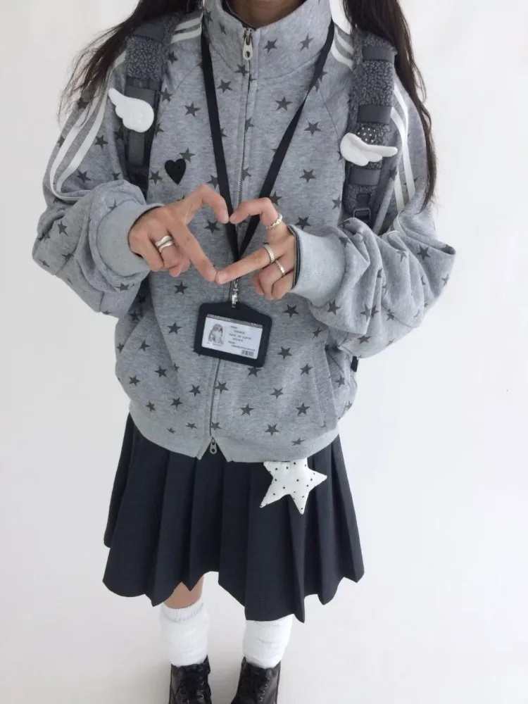 

Deeptown Women Zip Up Sweatshirts Y2k Japanese Preppy Style Vintage Harajuku Gray Hoodies Casual Sweet Kawaii Outerwears Jackets