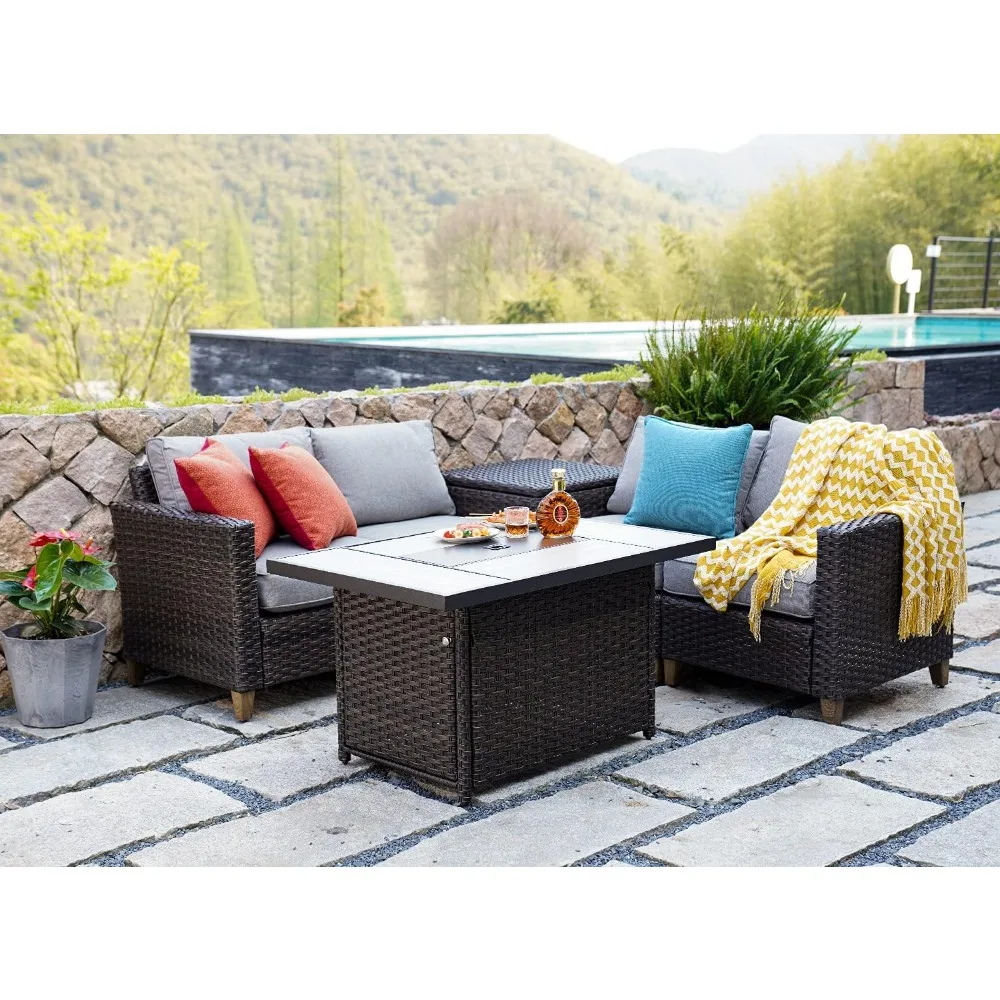 Outdoor Propane Fire Pit Table with Cover/Lid for Patio, 43 inch 50,000 BTU,Wicker/Rectangle