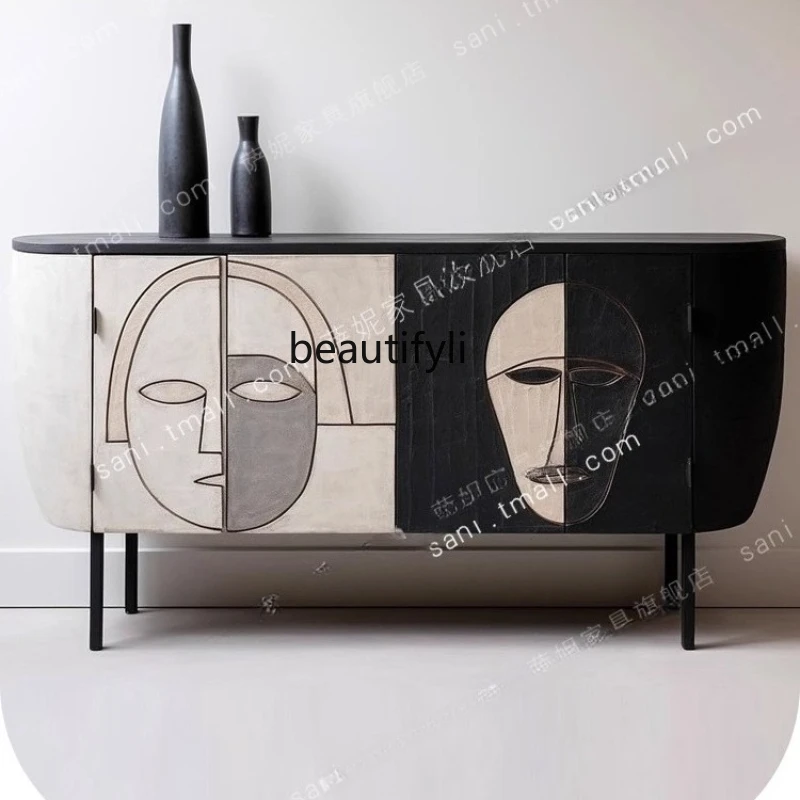 

Medieval style solid wood dining side cabinet, wabi sandy wind art paint locker, personalized entrance multi-functional cabinet