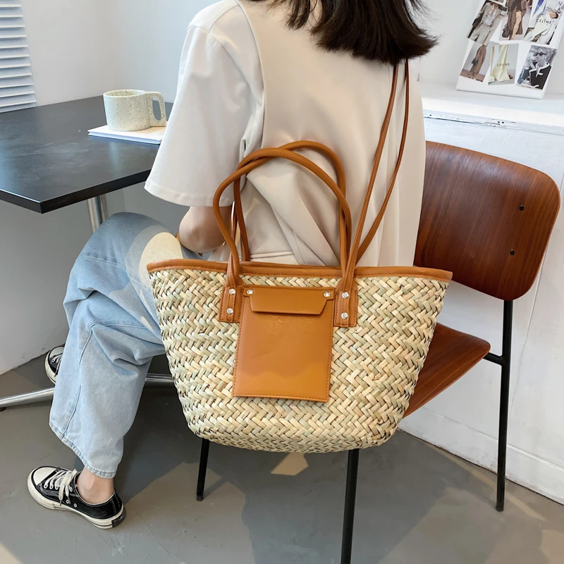 Mode Grote Capaciteit Rotan Tote Vrouwen Designer Rieten Geweven Schouder Crossbody Tas Vrouw Luxe Zomer Strandtas Grote Portemonnee