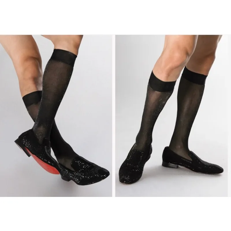 Sexy Silver Sheer Calf Socks for Man Super Quality Black Nylon Transparent Business Formal Dress Long Knee-high Socks Mens Socks