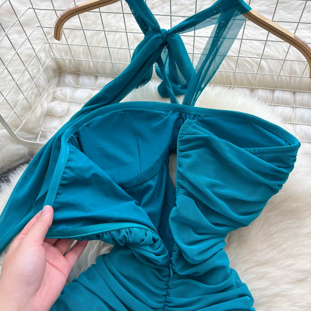 Chic vintage Impiombato scava fuori halter Elegante fata moda coreana Boho Vestito estivo abbigliamento donna Abito lungo