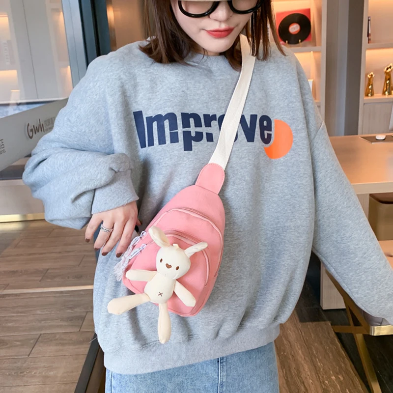 Ladies Waistbag for Woman Girl Sweet Rabbit Waist Bag Casual Canvas Banana Bag Adjustable Children Cute Shoulder Bag Chest Bags