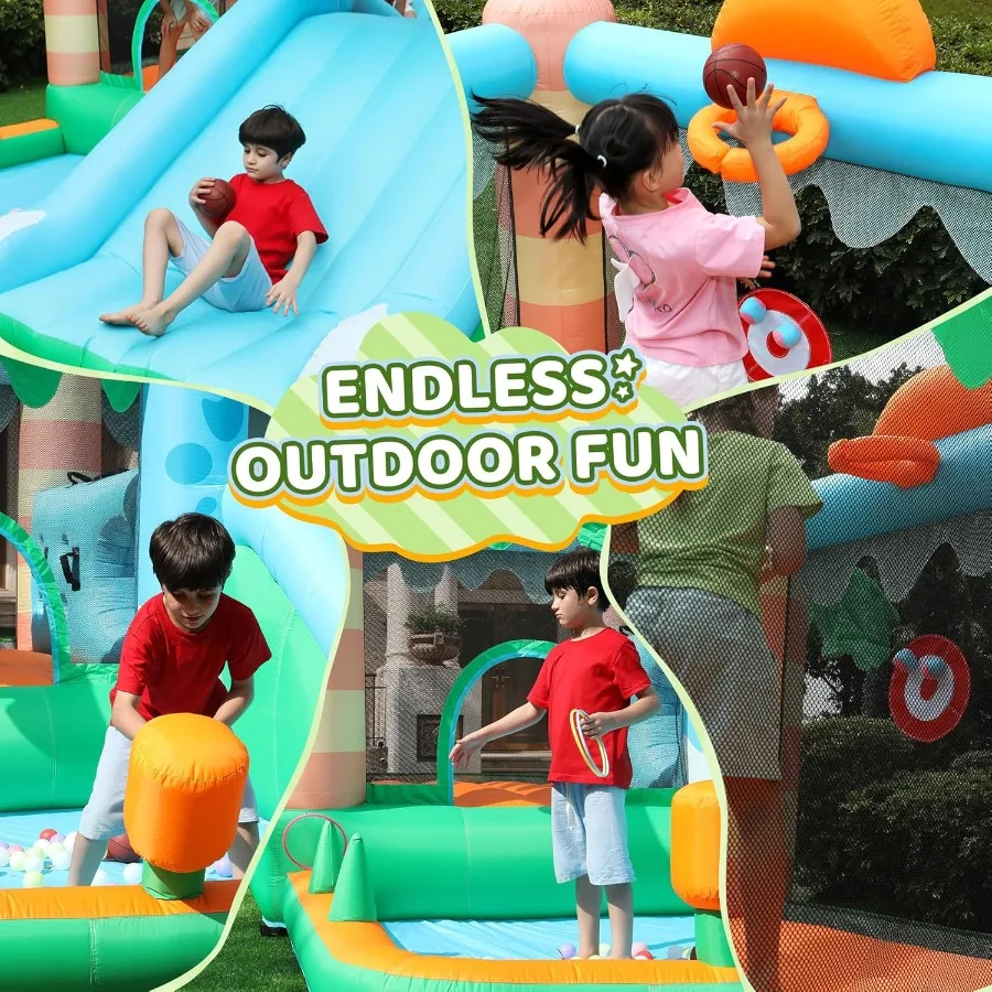 Casa de rebote inflable para castillo de casa de juegos con toboganes de soplador, piscina de pelotas, aro de baloncesto y juego de lanzamiento para húmedo y seco