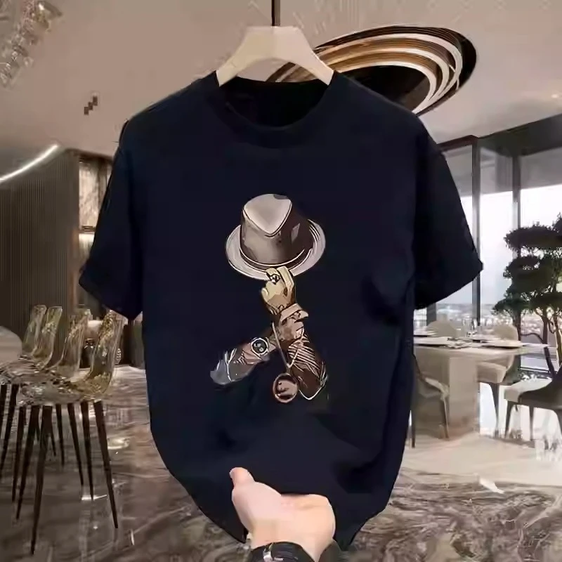 

Summer High Luxury 2025 New Fashion Pure Cotton Trend Portrait Printing Short-sleeved T-shirt Men's Trendy Street Men's Top