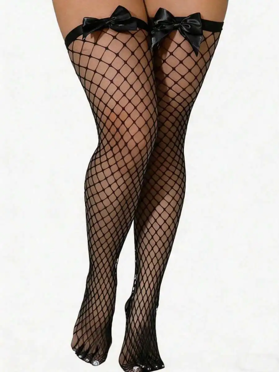Bow Decor Fishnet Thigh High Stockings, Elastic Hollow Out Grid Over The Knee Fishnet Socks, Sweet Sexy Hold Up Mesh Hosiery For view 2