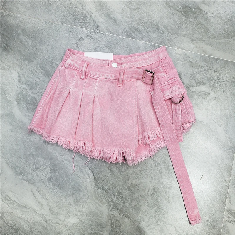 Irregular A-shaped skirt pants new high-waisted thin stitched denim shorts