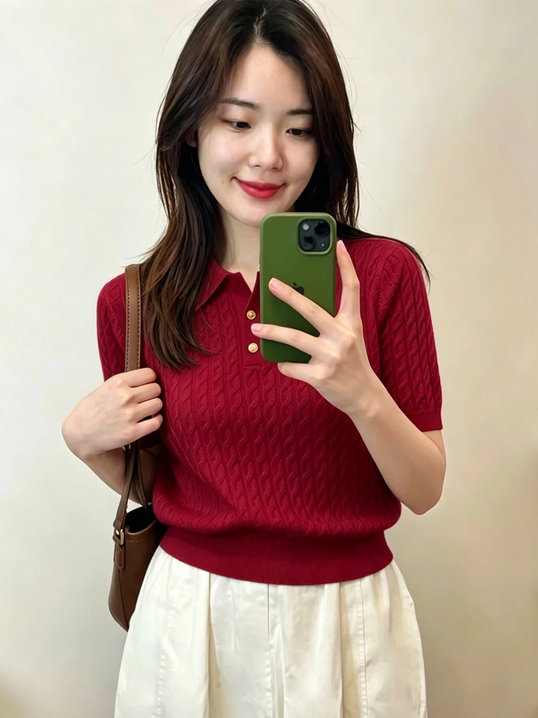 Stylish Red Twisted Metal Buckle Knitted Short Sleeve T-Shirt Women Summer Slimming Versatile  Collar Base Top
