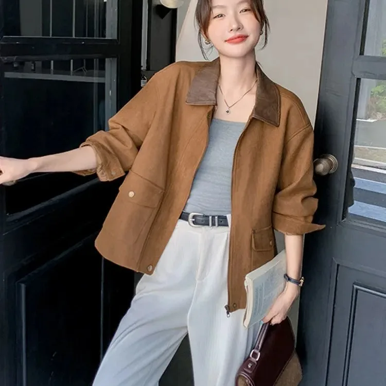 Jaet de ante marrón elegante para mujer, informal, sistema coreano Sle, primavera, nueva calidad, prendas de vestir exteriores, abrigo femenino