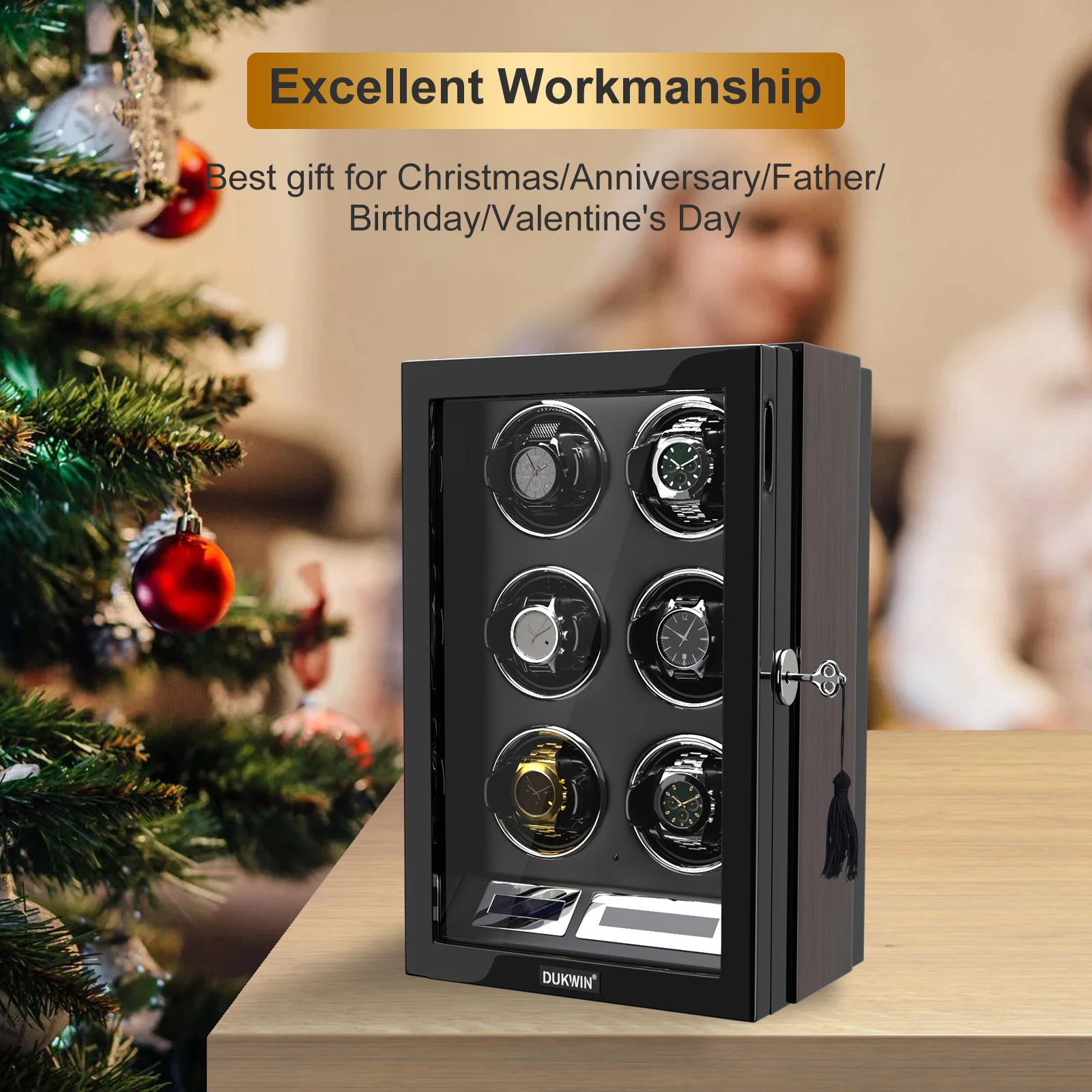 Kotak Winder jam tangan 6 Slot otomatis, jam tangan Winder hitam dengan lampu LED layar sentuh kendali jarak jauh