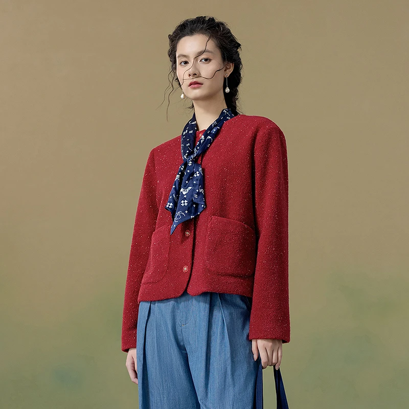 

Винно-красная верхняя одежда Ele для женщин, ретро-топ с пуговицами и декоративной строчкой, длинный рукав, круглый вырез, стандартная длина