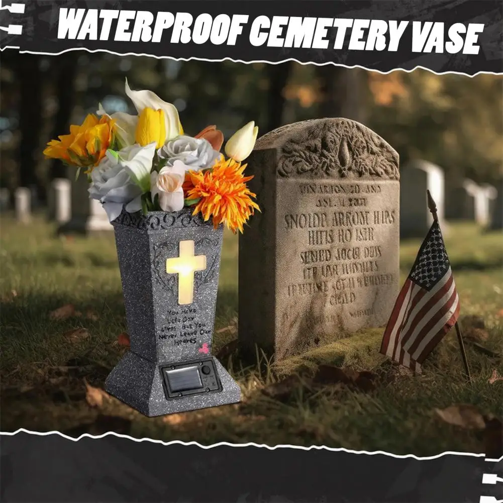 Solar Cemetery Vase with LED Outdoor Condolence Gift with Spikes Cemetery Decorations for Grave Gravestone Decor