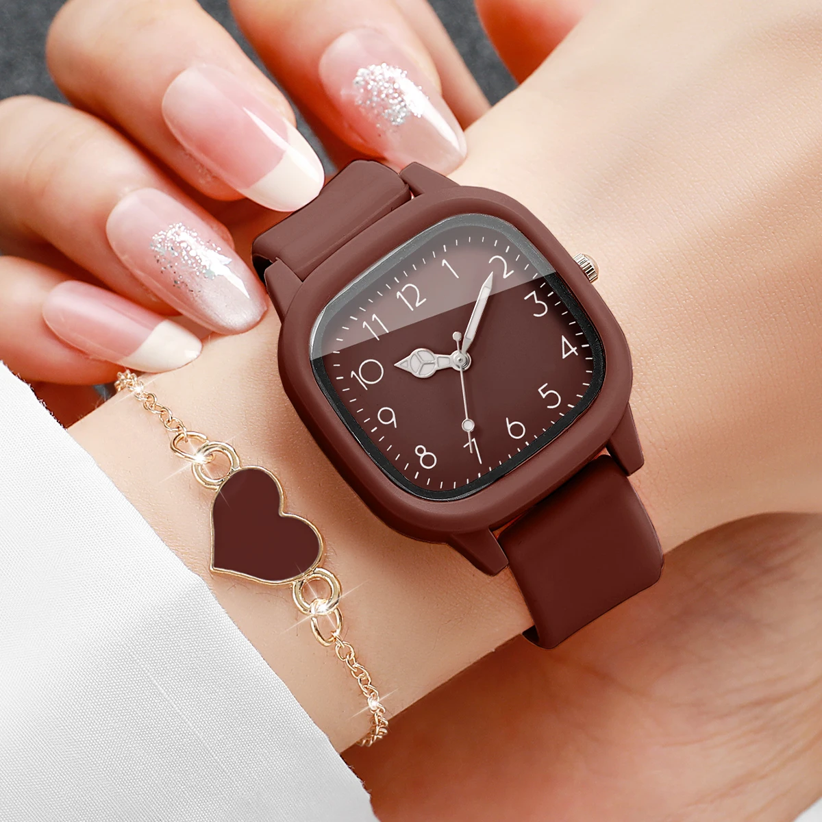 5PCS Fashion Women Watches Heart Jewelry Set Casual Square Silicone Strap Sports Wristwatch Reloj Mujer Girls Gift (Without Box)